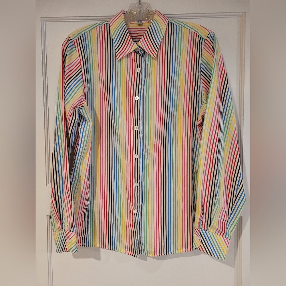 Foxcroft Red and Pink Blouse Vibrant Stripes